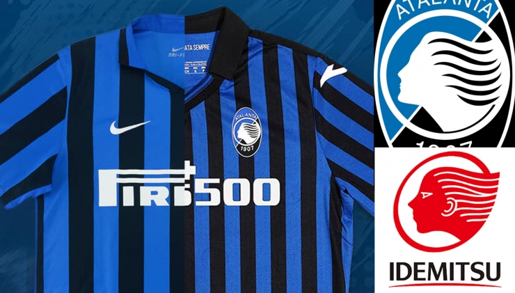 Perbandingan jersey Inter Milan dan Atalanta, dan logo Atalanta dengan Idemitsu (gambar diolah dari inter.it, atalanta.it, dan idemitsu.com)