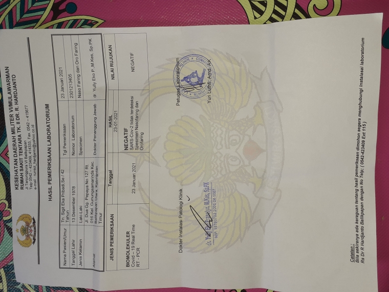 Hasil swab PCR | Dokumentasi Pribadi
