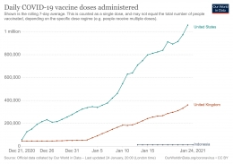 Grafik Jumlah Dosis Vaksin Harian di Amerika Serikat, Inggris, dan Indonesia per 24 Januari 2021. via: ourworldindata.org