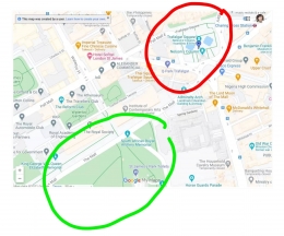 www.googlemap.com | Trafalgar Square (bulatan merah), terletak sebelah utara timur laut dari Buckingham Palace, dan kami juga berjalan kaki kesana, setelah sedikit bersantai di Hyde Park (bulatan hijau)