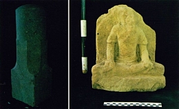 Temuan dari Candi Sirih: lingga berbahan batu andesit/kiri dan arca yang belum teridentifikasi/kanan (Foto: Balai Arkeologi DI Yogyakarta)