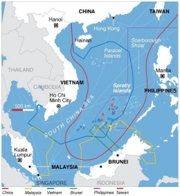 Klaim negara-negara pesisir atas Laut Cina Selatan. [Wikipedia, 1 Januari 2021]