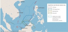 Perbandingan antara ZEE UNCLOS dan klaim lain oleh beberapa negara atas Laut Cina Selatan