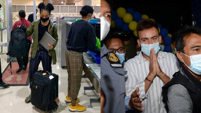 WNA Kristen Gray (kanan) dan Sergey Kosenko (kiri). Keduanya dideportasi akibat melanggar protokol Covid-19. | Diolah dari Arsip Kemenkumham/AFP dan Sonny Tumbeleka/AFP via Vice.com