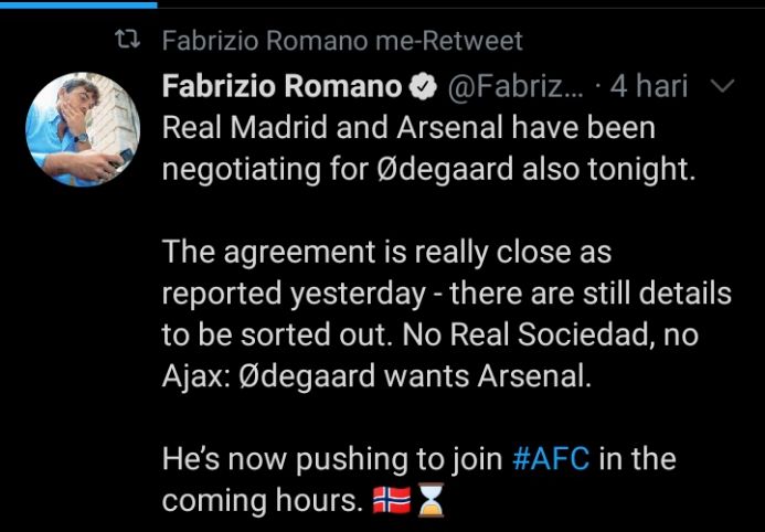 Cuitan Jurnalis Fabrizio Romano mengenai transfer Odegaard ke Arsenal (23/01/2021)/tangkapan layar dari twitter Fabrizio Romano