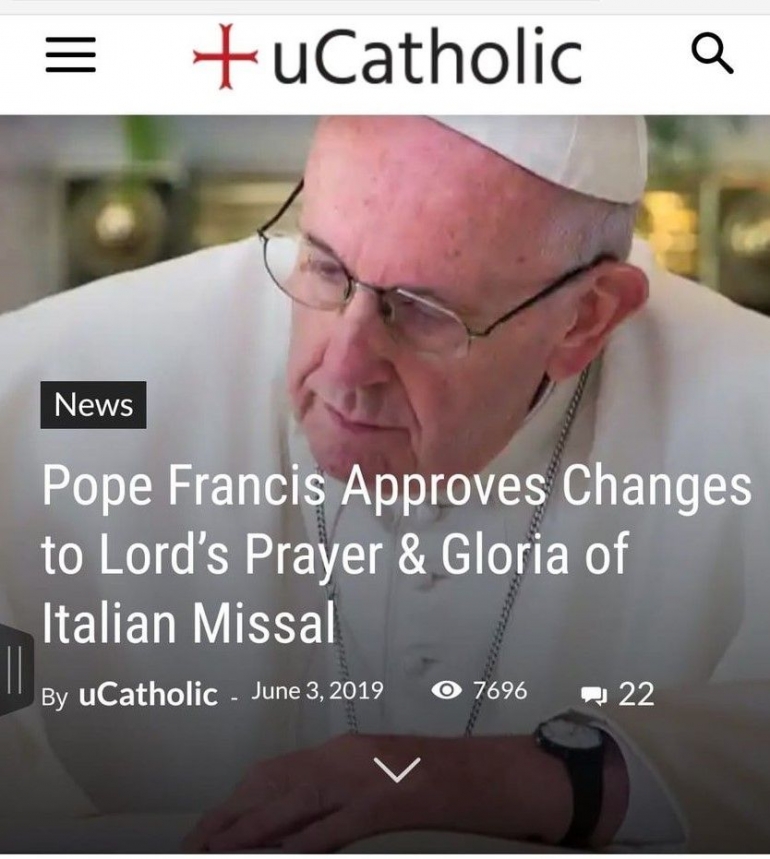 Paus Fransiskus memberi persetujuan perubahan doa Bapa Kami & Kemuliaan dalam Misa bahasa Italia (ucatholic)