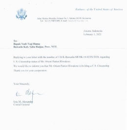 Surat dari Kedubes AS soal status warga negara Oiren Patriot Riwu Kore. | Kumparan.com