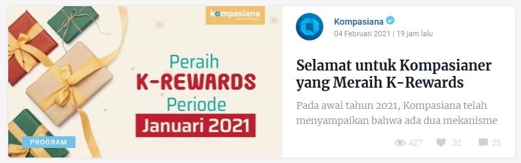 Tangkapan layar pengumuman peraih K-rewards Januari 2021 (sumber: https://www.kompasiana.com/kompasiana/601bb6793111ba463d0d0693/selamat-untuk-kompasianer-yang-meraih-k-rewards-januari-2021)