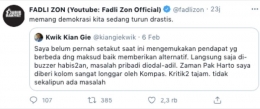 Cuitan Fadlin Zon Menanggapi Cuitah Kwik Kian Gie. Sumber: Twitter @fadlizon