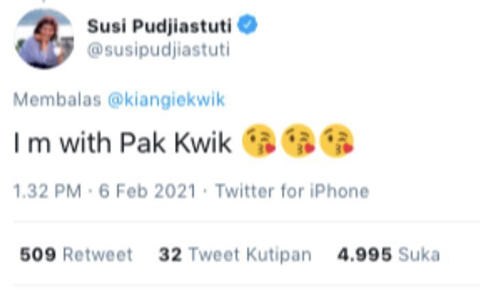 CuitaCuitan Sudi Pudjiastuti Menanggapi Cuitan Kwik Kian Gie. Sumber: Twitter @susipudjiastuti