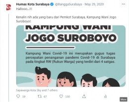 Bahkan inisiasi Kampung Tangguh Wani Jogo Suroboyo ini sudah ada sejak Mei tahun lalu. Capture twitter @BanggaSurabaya