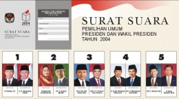 Surat Suara Pemilihan Presiden 2004 kepada Bapak Wakaf Indonesia. Gambar : humas komisi pemilihan umum 2004.