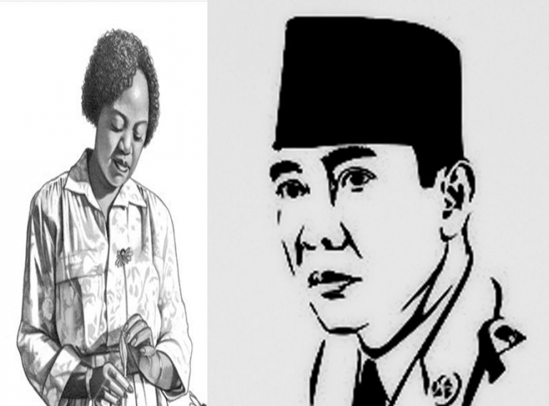 Ilustrasi Perempuan Pengalung Bunga dan Soekarno