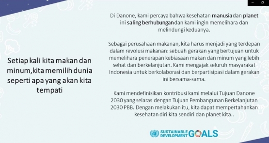 Deskripsi : penjabaran motto One Planet, One Helath I Sumber Foto : Danone Indonesia