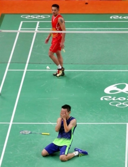 Ekpresi Lee Chong Wei usai mengalahkan Lin Dan di semi final Olimpiade Rio 2016, melalui eprtarungan epik tiga game, 15-21, 21-11, 22-20: The Star