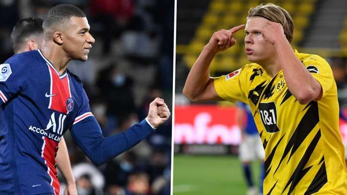 Kylian Mbappe (Kiri) dan Erling Haaland (kanan). Sumber foto: Getty Images via Goal.com