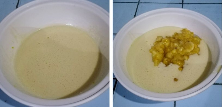Kocok bahan sampai mengembang berwarna kuning pucat atau gading, kemudian campurkan pisang yang telah dihaluskan (dokpri)