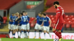 Liverpool melanjutkan tren buruk dengan tumbang di derby Merseyside. (Andrew Powell/Liverpool FC via Getty Images) 