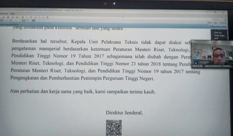 Surat penjelasan Dirjen Dikti dibacakan Rektor / dok