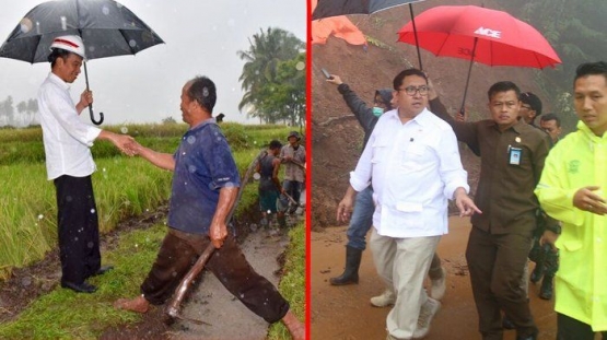 Perbedaan cara Jokowi dan Fadli Zon saat memakai payung | Sumber: jabar.tribunnews.com