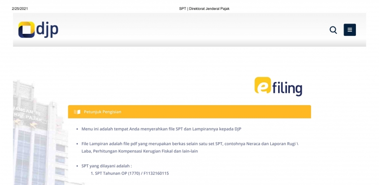 Gambar 3: Menu e-filing, tangkapan layar dari laman DJP Online (dokumen pribadi)