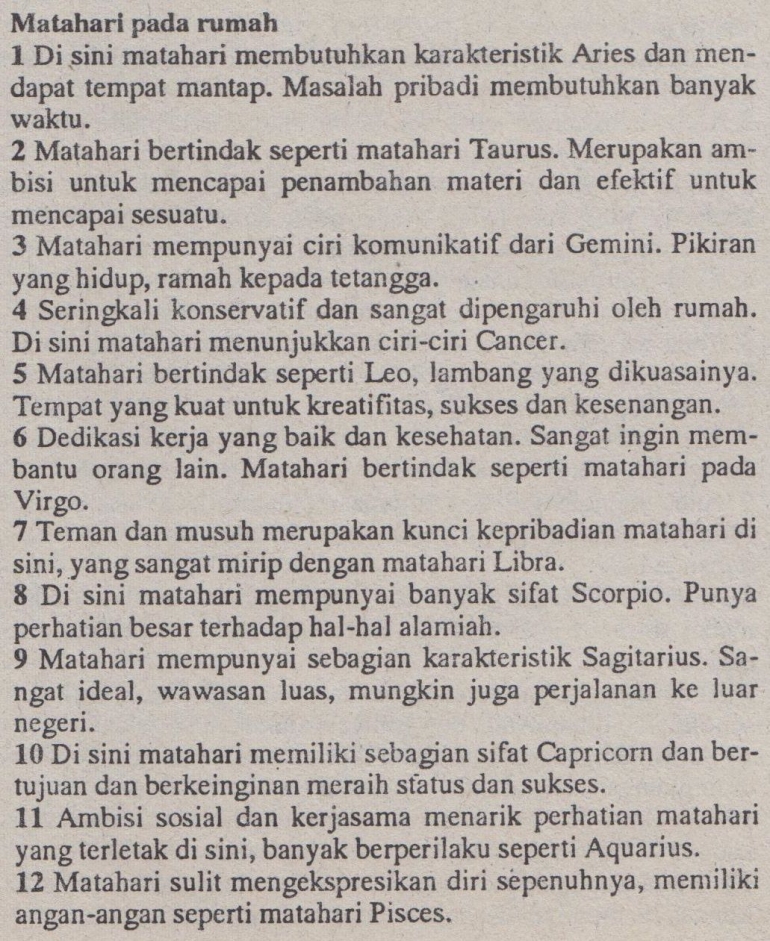 Kepribadian Anda berdasarkan Matahari dan Rumah (Sumber: Misteri Masa Depan Anda, 1993)