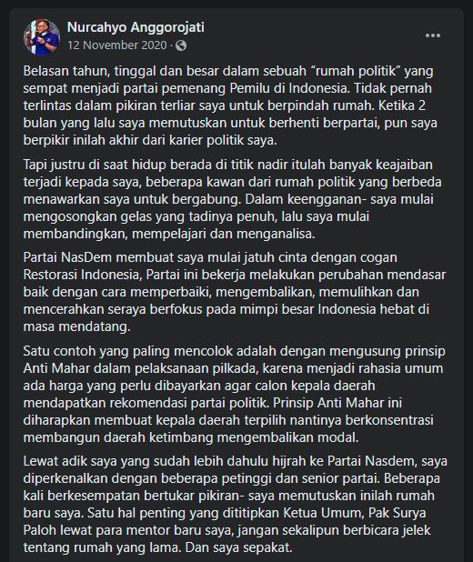 Tangkapan layar dari akun facebook Nurcahyo tentang hijrahnya dirinya dan adiknya dari Partai Demokrat ke Partai Nasdem.