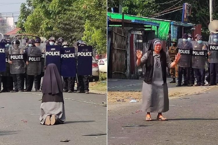 suster Ann Nu Thawng di Myanmar yang memohon agar polisi berhenti menangkapi demonstran.(TWITTER @CardinalMaungBo) 