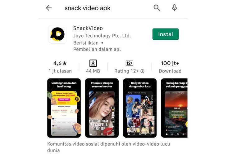 Tangkapan layar Snack Video di Playstore Jumat (26/2/2021). (Sumber: Playstore via kompas.com)