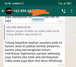 Screen Shot chat intimidasi DC kepada nomor kontak di luar kontak darurat