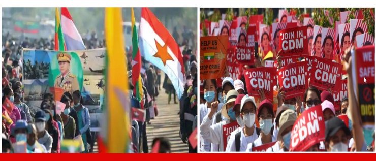 Gambar kiri : Pendukung Min Aung Hlaing. Sumber Reuters. Gambar kanan Pendukug Aung San Suu Kyi. Sumber :Voanews.com. Digabung oleh Penulis