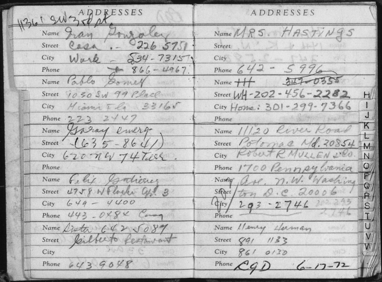 Buku alamat salah satu penyusup yg ditemukan di kamar Hotel Watergate. Sumber: US National Archives and Records Administration / wikimedia