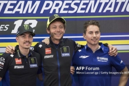 Dari kiri: Vinales, Rossi, Lorenzo. Gambar: AFP/Getty Images/Mirco Lazzari GP via Kompas.com