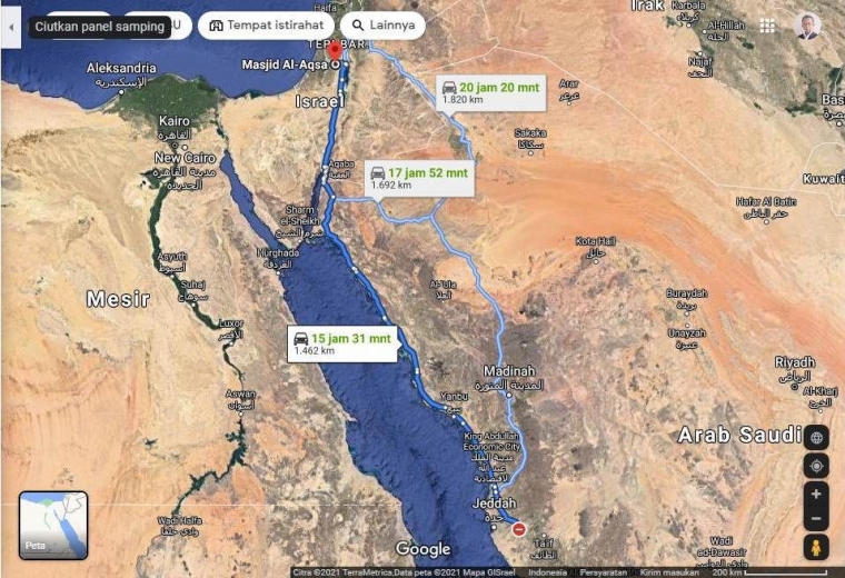 Tiga jalur darat Al-Harram ke Al-Aqsa/Google Map
