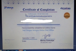 Sertifikat seorang peserta Kartu Prakerja Gelombang 6 (Sumber : tangkapan layar dari certificates.studiilmu.com/dokpri)
