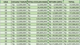 Ilustrasi perhitungan investasi saham Rp. 1 juta/ bulan dengan asumsi return 20%/tahun/dokpri