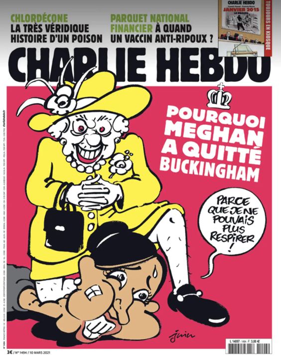Kartun rasis Charlie Hedbo yang menggambarkan ratu Inggris dengan Meghan. Photo: Charlie Hedbo.