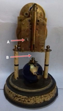 Bagian belakang jam meja antik, (A) pemutar jam dan (B) bagian yang terputus (Dokpri)