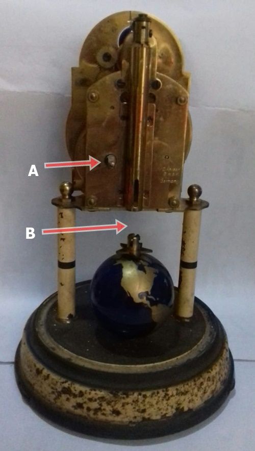Bagian belakang jam meja antik, (A) pemutar jam dan (B) bagian yang terputus (Dokpri)