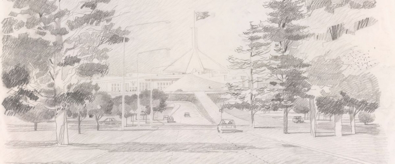 www.aph.gov.au/Sketsa Ronaldo Giurgola, arsitek rancang bangun Parliament House Canberra, ditengah hutan dan semak belukan antara kota Sydney dan Melbourne, Dengan ujung atap dari 