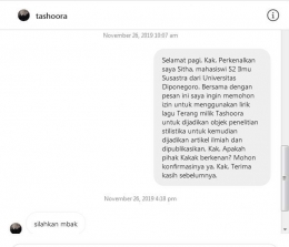 Hasil tangkap layar percakapan dengan Tashoora.