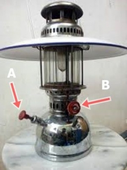 Ilustrasi lampu petromaks, A. pompa dan B. tombol pengatur gelap-terang (Foto: tangkapan layar id.carousell.com)