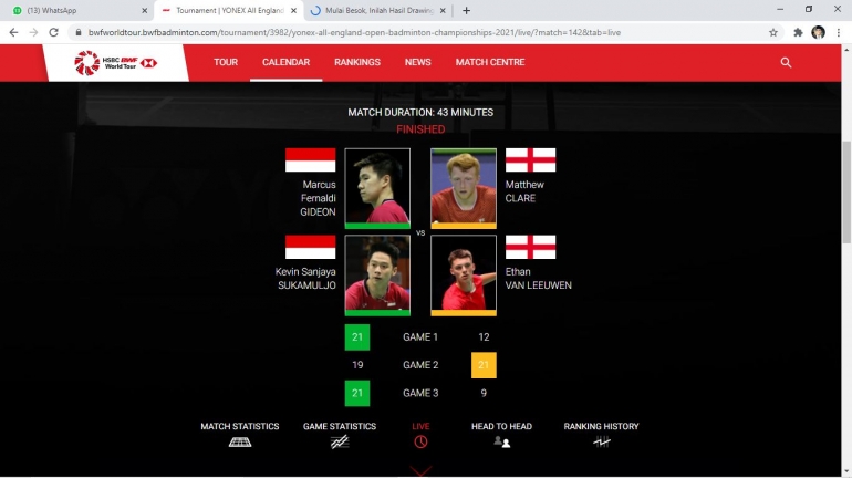 Screenshot hasil pertandingan Marcus Fernaldi Gideon/Kevin Sanjaya Sukamuljo vs Matthew Claree/Ethan Van Leeuwen. Sumber: bwfbadminton.com