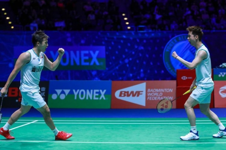 Marcus Fernaldi Gideon/Kevin Sanjaya Sukamuljo saat tampil pada semifinal All England 2020 melawan Lee Yang/Wang Chi Lin (Taiwan), di Lapangan 1 Arena Birmingham, Inggris, Sabtu (14/3/2020). (DOK. BADMINTON INDONESIA)