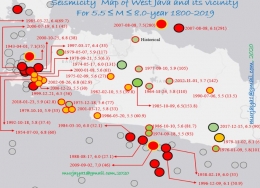 Gambar: Peta seismisitas gempa bumi kuat lingkaran berwarna merupakan episenter-bmkg.go.id 