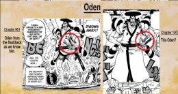 Ilustrasi perbandingan pedang yang dibawa Oden pada One Piece chapter 961 dan 1007 via mangasail