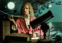 Ilustrasi Isaac Newton bersama karya-karya besar temuannya. Terlihat di belakang ada buah apel (awesomestories.com).