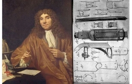Antonie van Leeuwenhoek dan gambar mikroskop buatan tangannya (amazine.co)