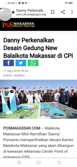 Screen shot salah satu berita Walikota Makassar DP berencana bangun tower 36 lantai untuk New Balai Kota Makassar di kawasan CPI/Ft. Repro