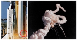 Pesawat ulang alik Challenger sesaat sebelum meluncur dan pada saat meledak akibat kebocoran pada roket pendorong (priceonomics.com).